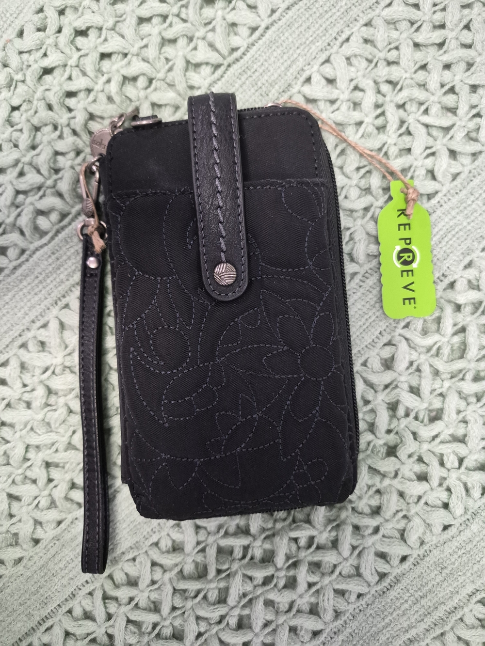NWT - Black Wristlet/Crossbody Wallet with Floral Stitching